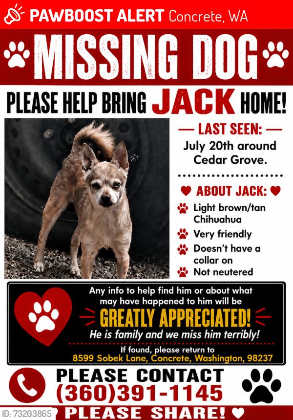 Lost Male Dog last seen Cedar grove in concrete, wa, Concrete, WA 98237