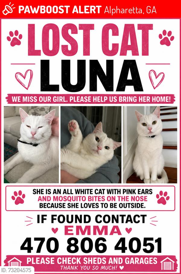 Lost Female Cat last seen Haynes landing neighborhood, Alpharetta, GA 30022