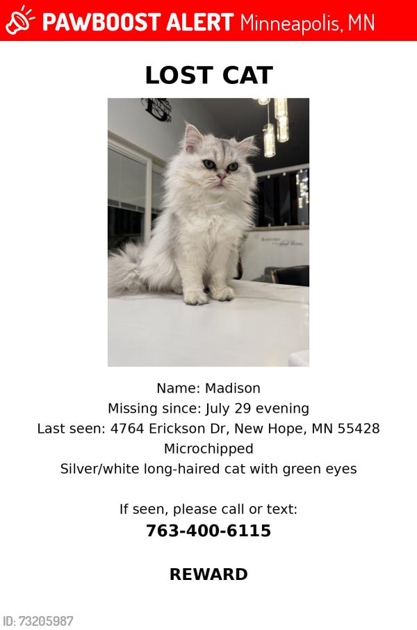 Lost Male Cat last seen Erickson Dr New Hope, Minneapolis, MN 55428