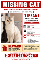 Lost Female Cat last seen Pacific, Pacific, WA 98047
