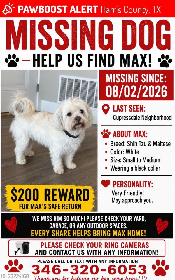 Lost Male Dog last seen Near Navajo trail dr. Spring, Tx., Harris County, TX 77388