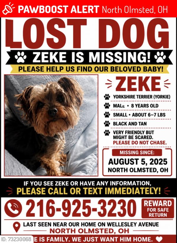 Lost Male Dog last seen he was last seen in backyard, North Olmsted, OH 44070