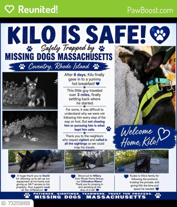 Reunited Male Dog last seen Tiogue Elementary, Coventry, RI 02816