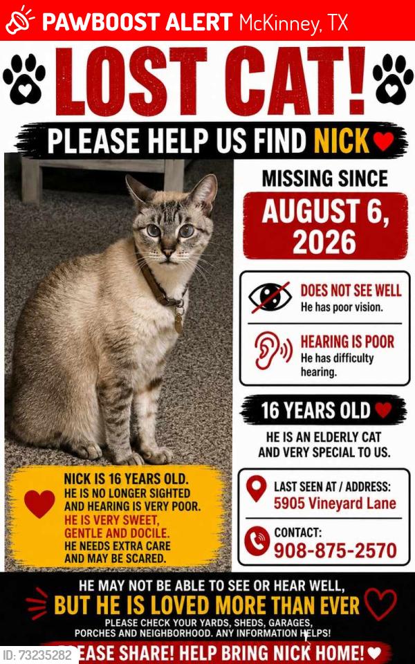 Lost Male Cat last seen Near vineyard lane, McKinney, TX 75070
