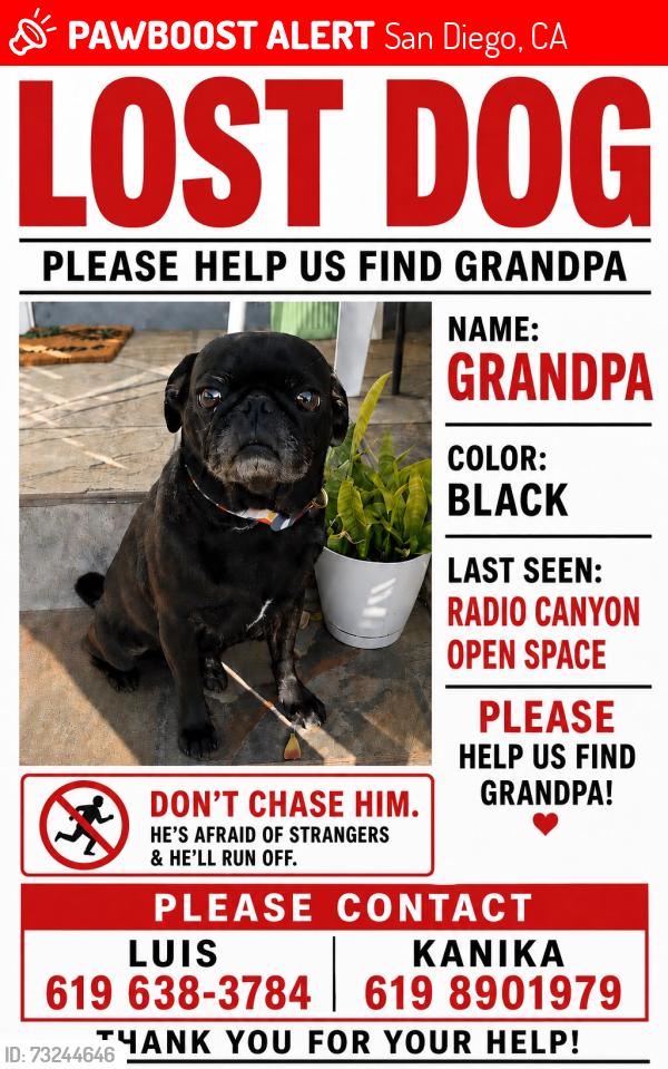 Lost Male Dog last seen Radio canyon, San Diego, CA 92114