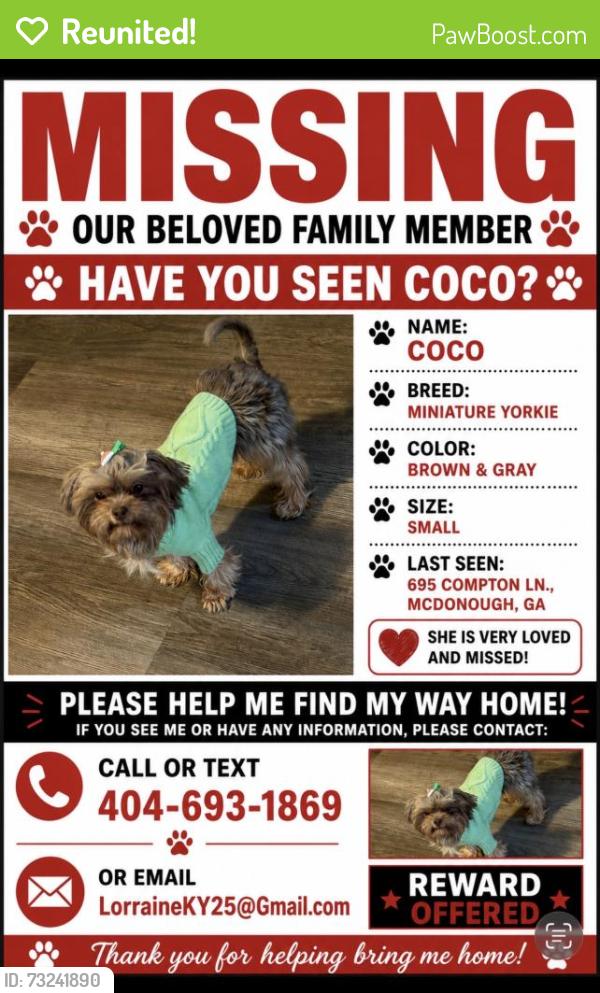 Reunited Female Dog last seen Bridges Rd, McDonough, GA 30253