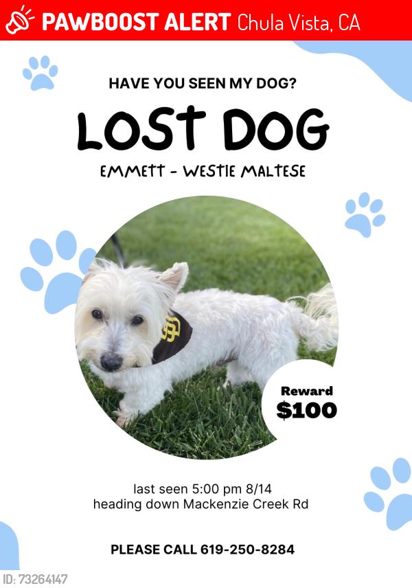 Lost Male Dog last seen Mackenzie Creek Road, Chula Vista, CA 91914