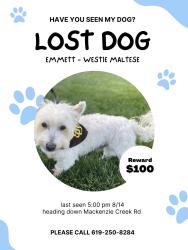 Lost Male Dog last seen Mackenzie Creek Road, Chula Vista, CA 91914