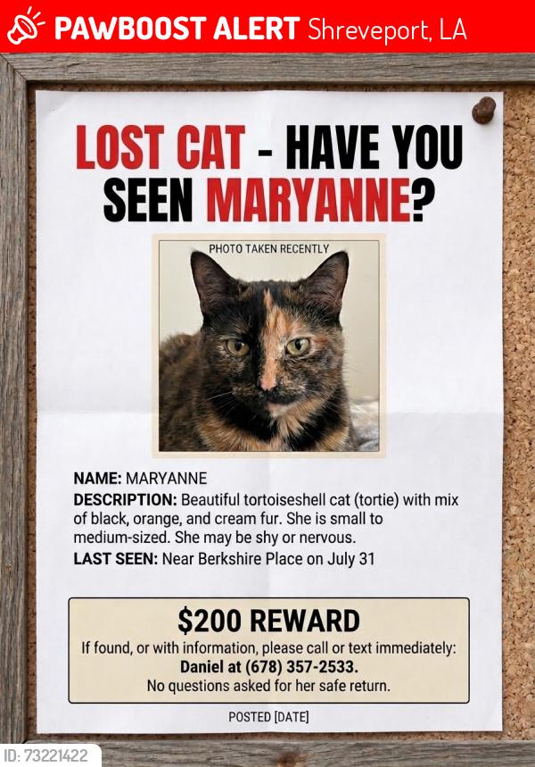 Lost Female Cat last seen Near Berkshire place, Shreveport, LA 71106