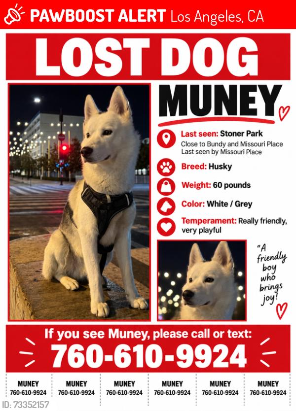 Lost Male Dog last seen Missouri / bundy, Los Angeles, CA 90025