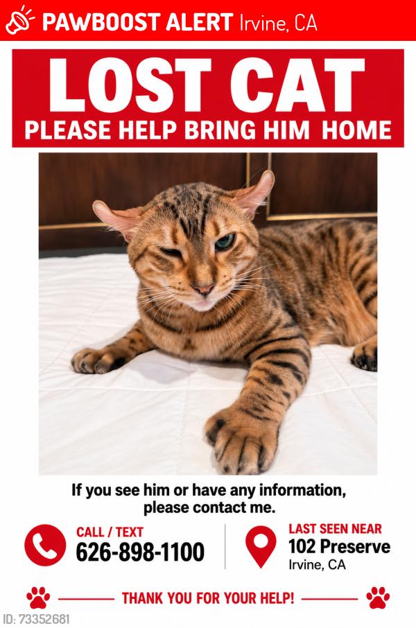 Lost Male Cat last seen inside the hidden canyon community, Irvine, CA 92618