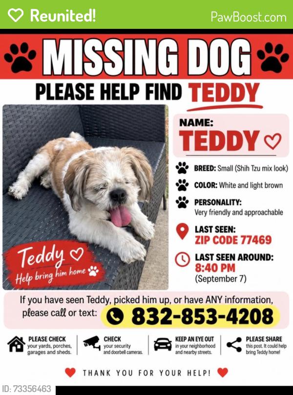 Reunited Male Dog last seen Highland Meadows Dr, Texas 77469, USA, Fort Bend County, TX 77469