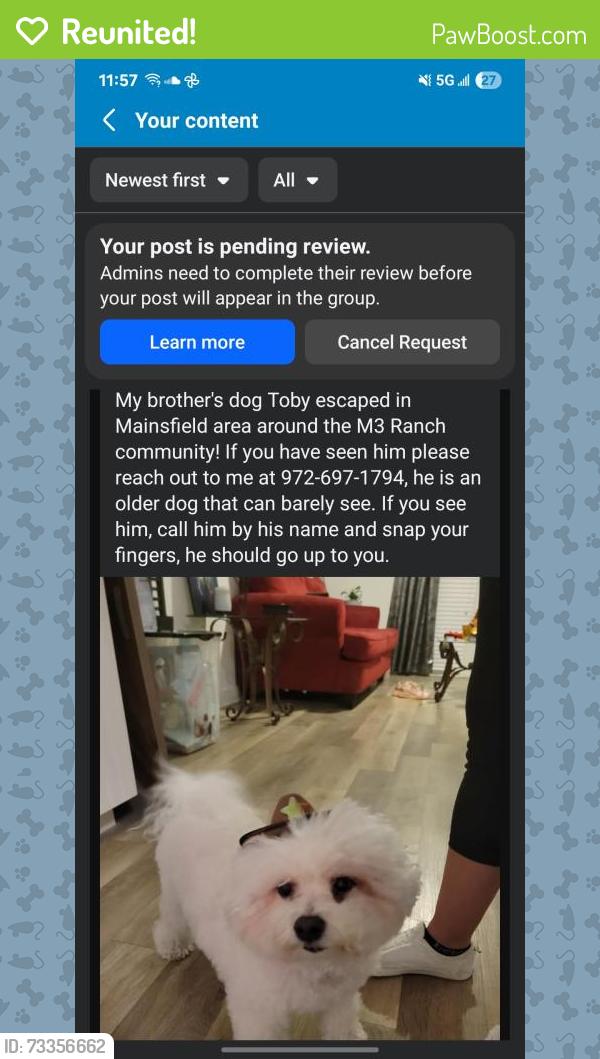 Reunited Male Dog last seen M3 ranch community, Mansfield, TX 76063