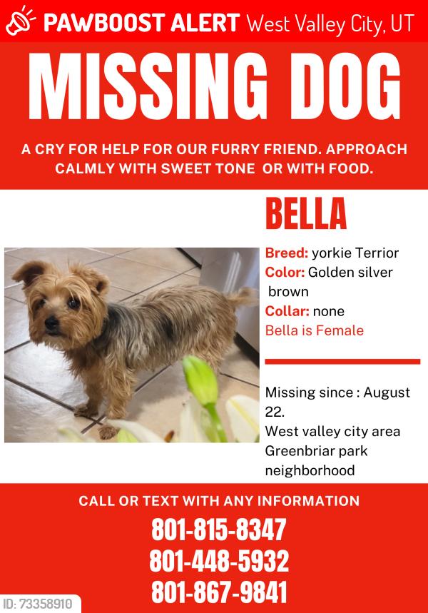 Lost Female Dog last seen Near s Whisper st, West Valley City, UT 84120