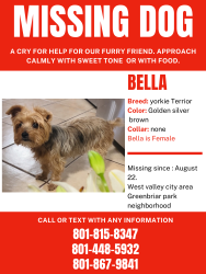 Lost Female Dog last seen Near s Whisper st, West Valley City, UT 84120