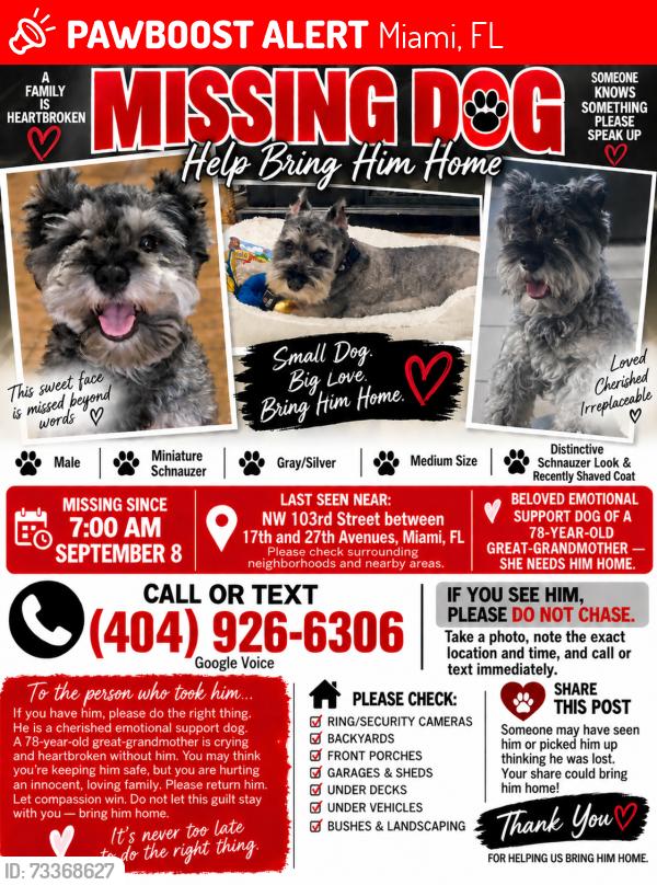 Lost Male Dog last seen Near NW 103rd Street between 17th and 27th Avenues, Miami, FL, Miami, FL 33147