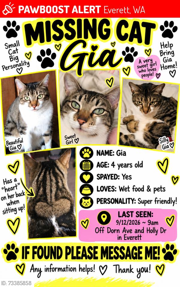 Lost Female Cat last seen Holly Dr, Everett, WA 98208