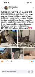 Lost Male Cat last seen near north waco area, Waco, TX 76708