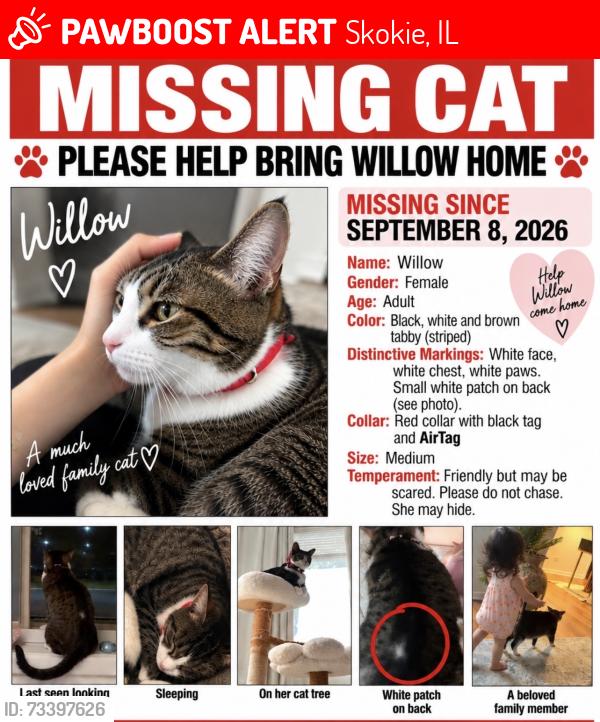 Lost Female Cat last seen Howard and Lincoln, Skokie, IL 60077
