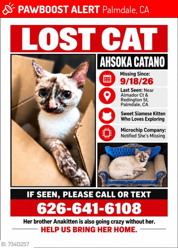 Lost Female Cat last seen Almador Court and Reddington near Highland High School, Palmdale, CA 93551