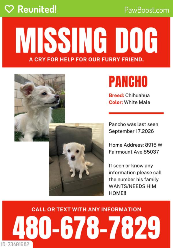 Reunited Male Dog last seen Near w fairmount ave, Phoenix, AZ 85037