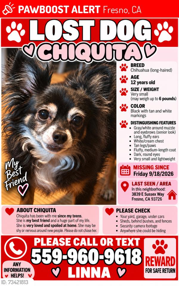 Lost Female Dog last seen Dakota/ Cedar, Fresno, CA 93726