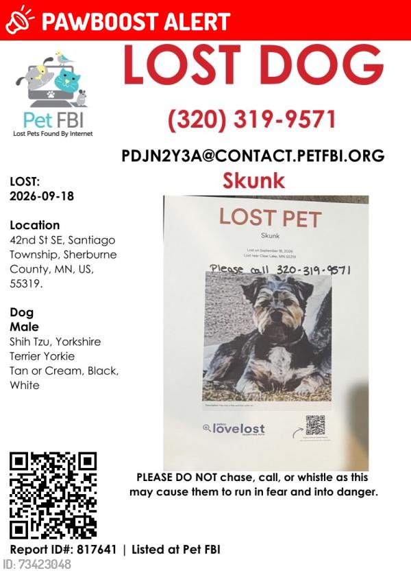 Lost Male Dog last seen Santiago Cemetary, Santiago Township, MN 55319
