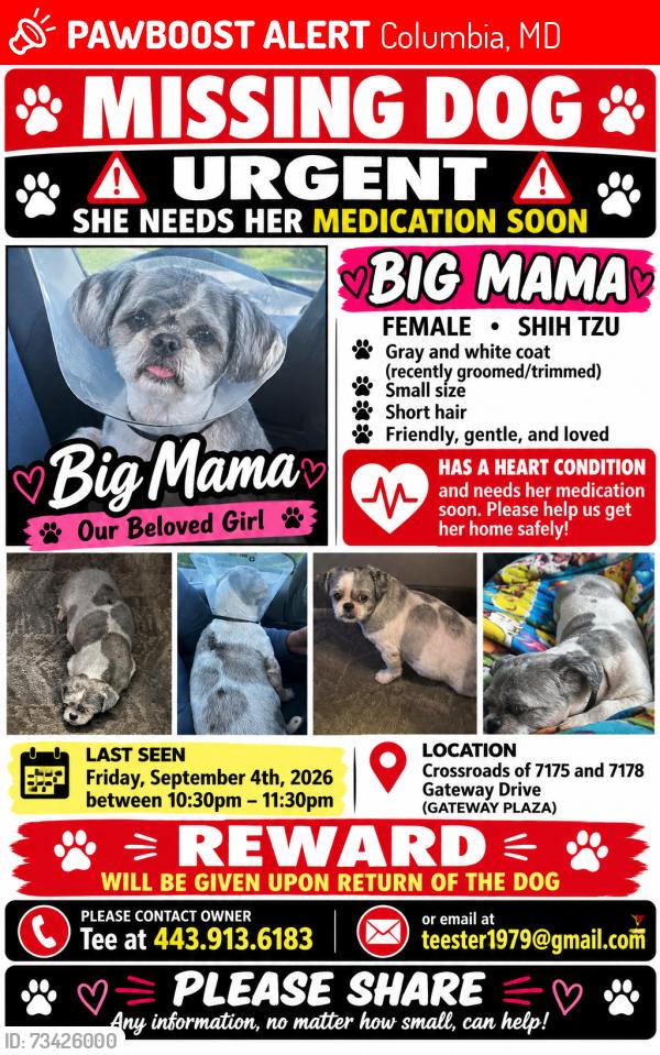 Lost Female Dog last seen Crossroads of 7175 and 7178 Columbia Gateway Drive, Columbia, MD 21046