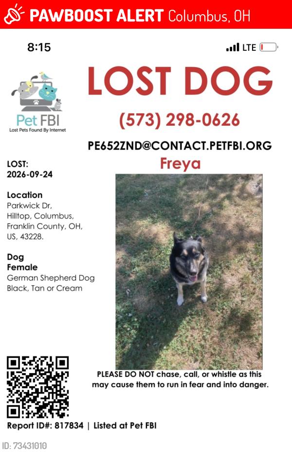 Lost Female Dog last seen Parkwick Drive, Columbus, OH 43228