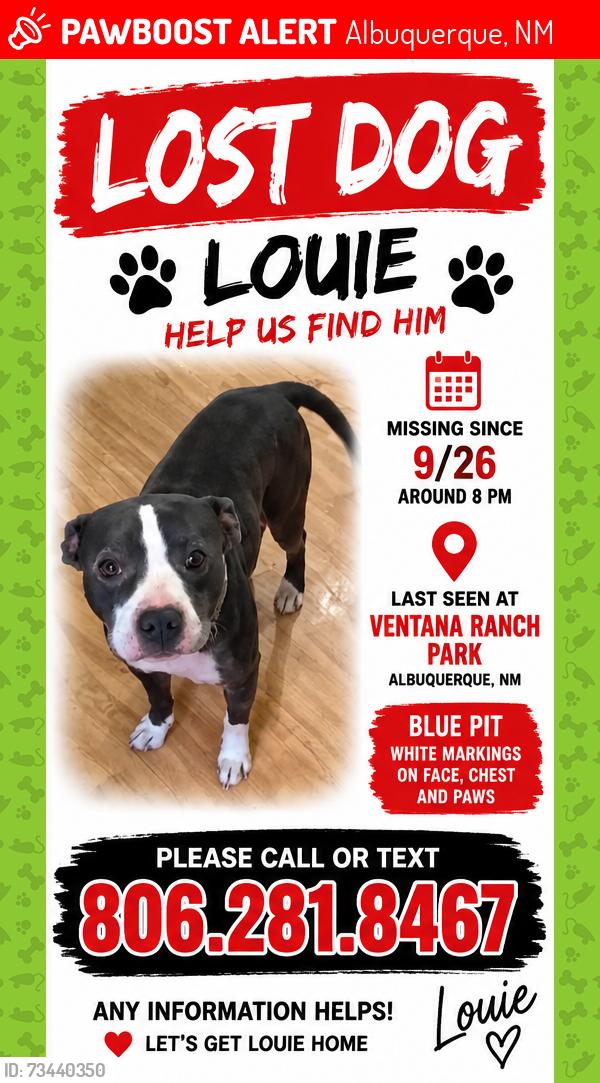 Lost Male Dog last seen Ventana ranch park, Albuquerque, NM 87114