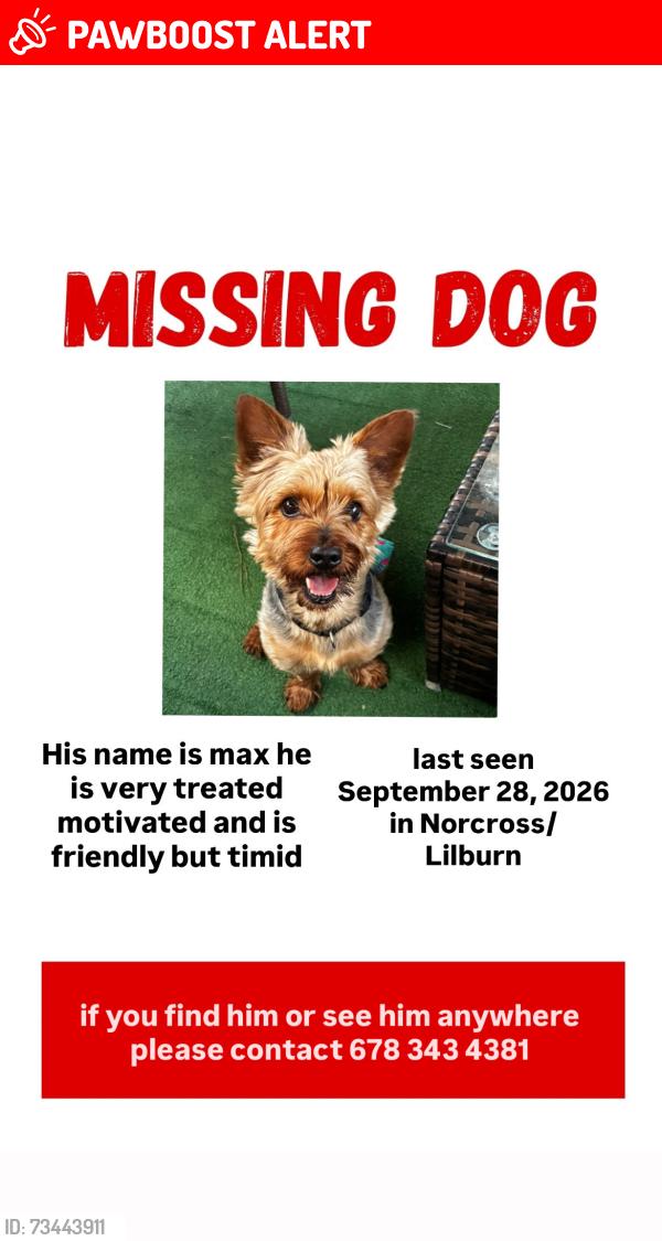 Lost Male Dog last seen Williams Rd, Singleton Rd, Gwinnett County, GA 30093