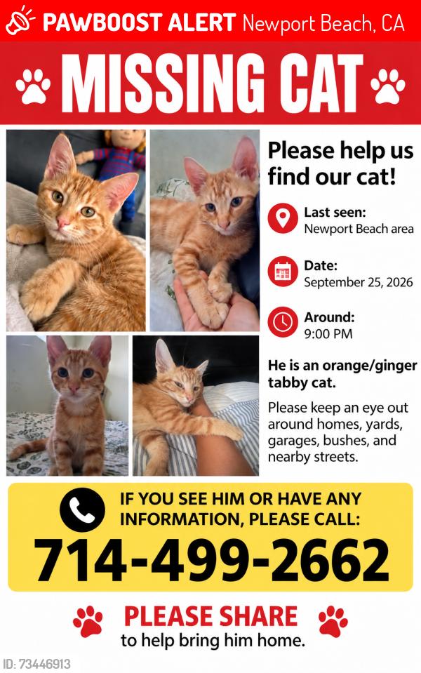 Lost Male Cat last seen Pro Bike Supply located at 353 Old Newport Blva., Newport Beach, CA 92625