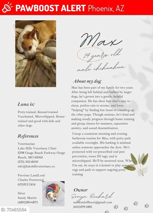 Lost Male Dog last seen 43rd Ave and Camelback Rd., Phoenix, AZ 85019