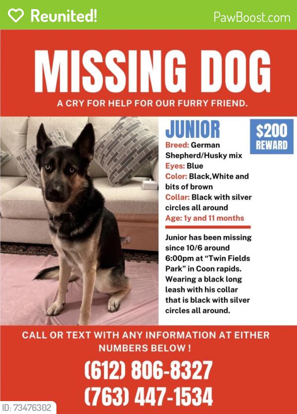 Reunited Male Dog last seen Nearby Auto zone in coon rapids, Coon Rapids, MN 55433