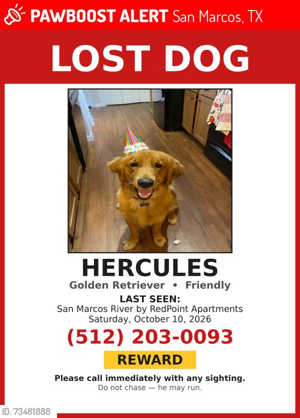 Lost Male Dog last seen San Marcos River and I-35, San Marcos, TX 78666