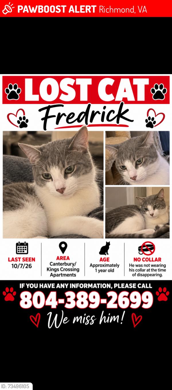 Lost Male Cat last seen Canterbury Square & Kings Crossing. Pump rd & Patterson Ave, Richmond, VA 23238
