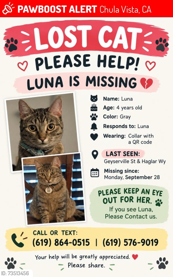 Lost Female Cat last seen Geyserville & Haglar, Chula Vista, CA 91913
