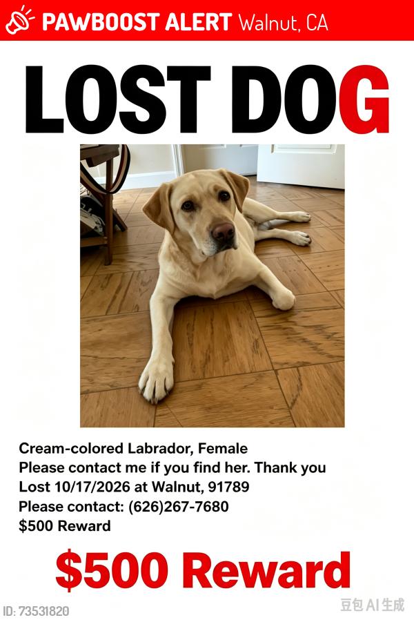 Lost Female Dog last seen Near grand ave，Walnut CA 91789, Walnut, CA 91789