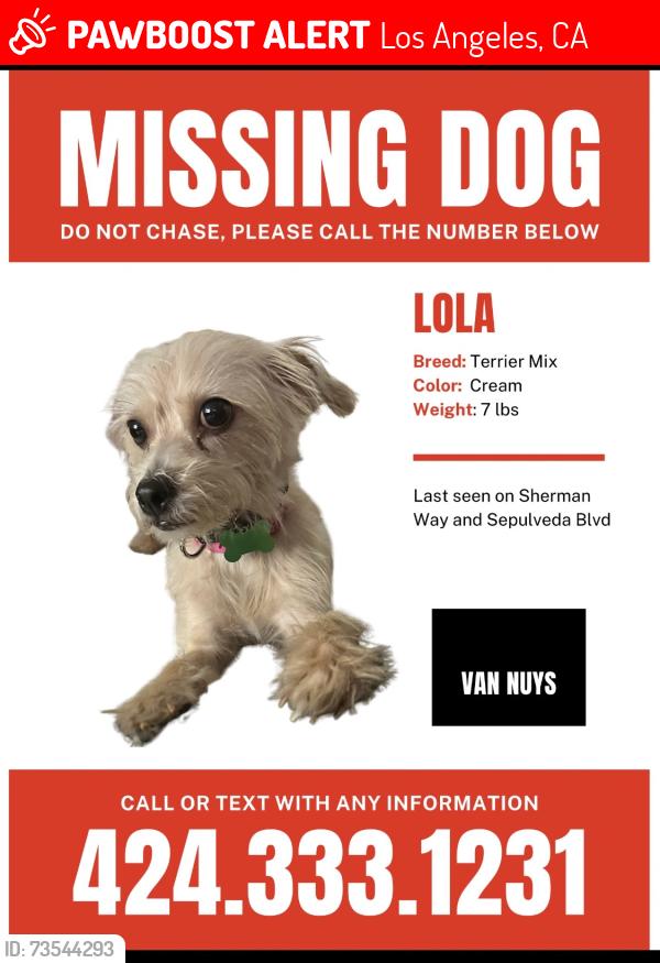 Lost Female Dog last seen Victory and Sepulveda, Los Angeles, CA 91411