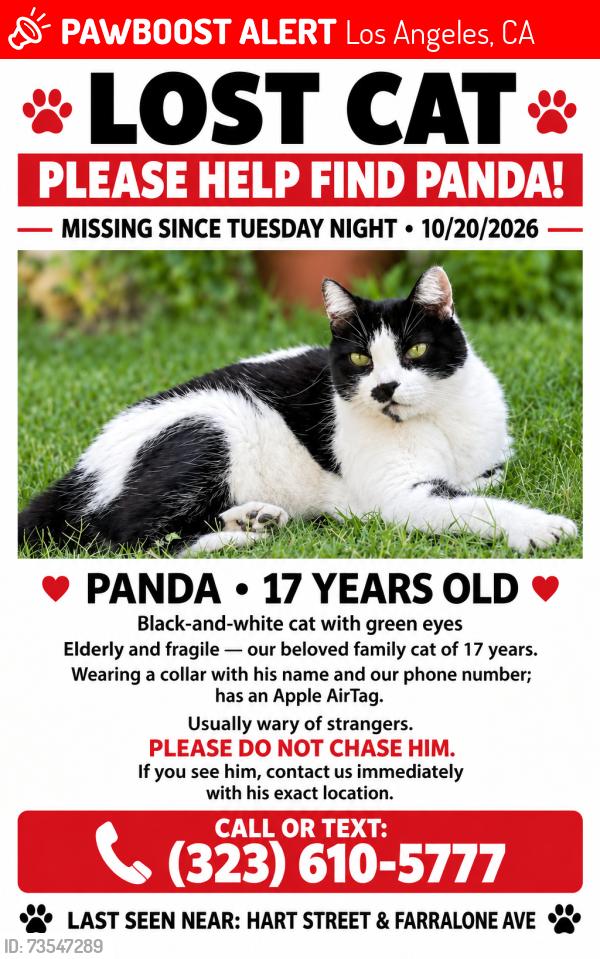 Lost Male Cat last seen HART ST & FARRALONE AVE, Los Angeles, CA 91303