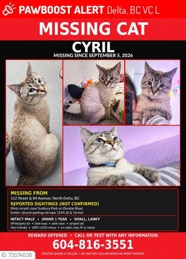 Lost Male Cat last seen last seen sunbury park, Delta, BC V4C 2L7